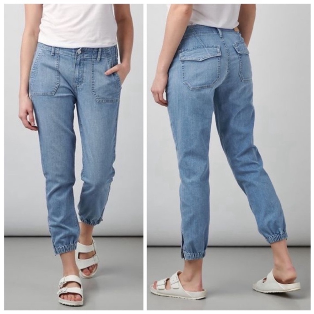 PAIGE Women’s Mayslie Cropped Denim Light Wash Boyfriend Jogger Elastic Hem, 24